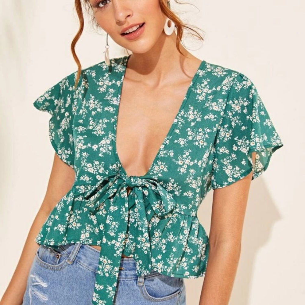 Green Floral Front Tie Shirt